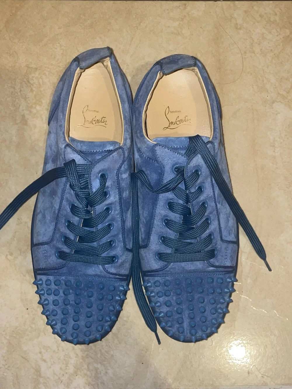Blue Christian Louboutin Spiked Toe Suede Sneakers